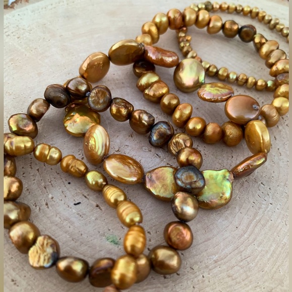 Natural Gold Bronze Cultured Freshwater Pearl Mixed Bead Bracelet Stack - Picture 9 of 11